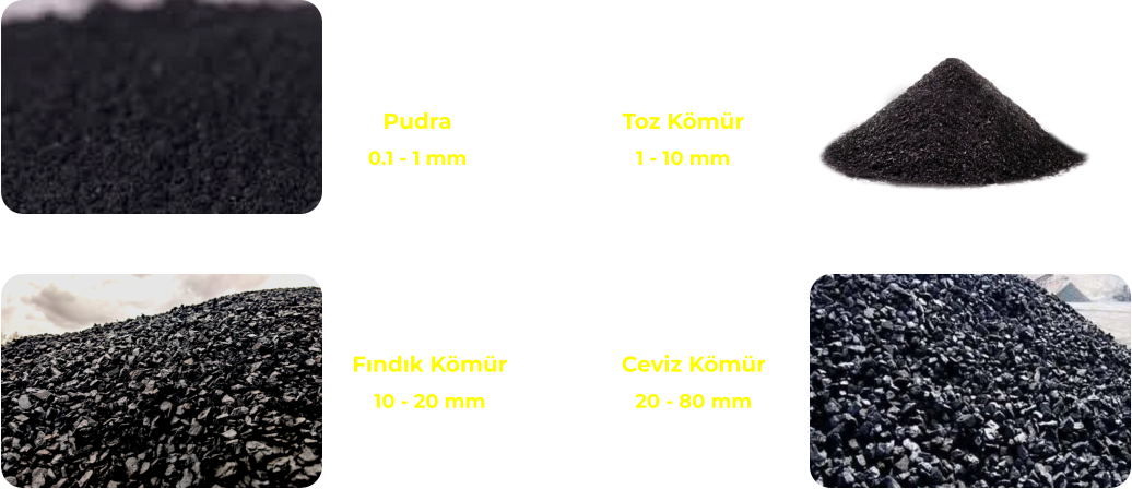 Fındık Kömür  10 - 20 mm Ceviz Kömür  20 - 80 mm Pudra  0.1 - 1 mm Toz Kömür  1 - 10 mm